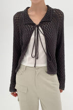 Hollow-Out Collared Tie-Waist Long-Sleeve Short Knit Cardigan image 3