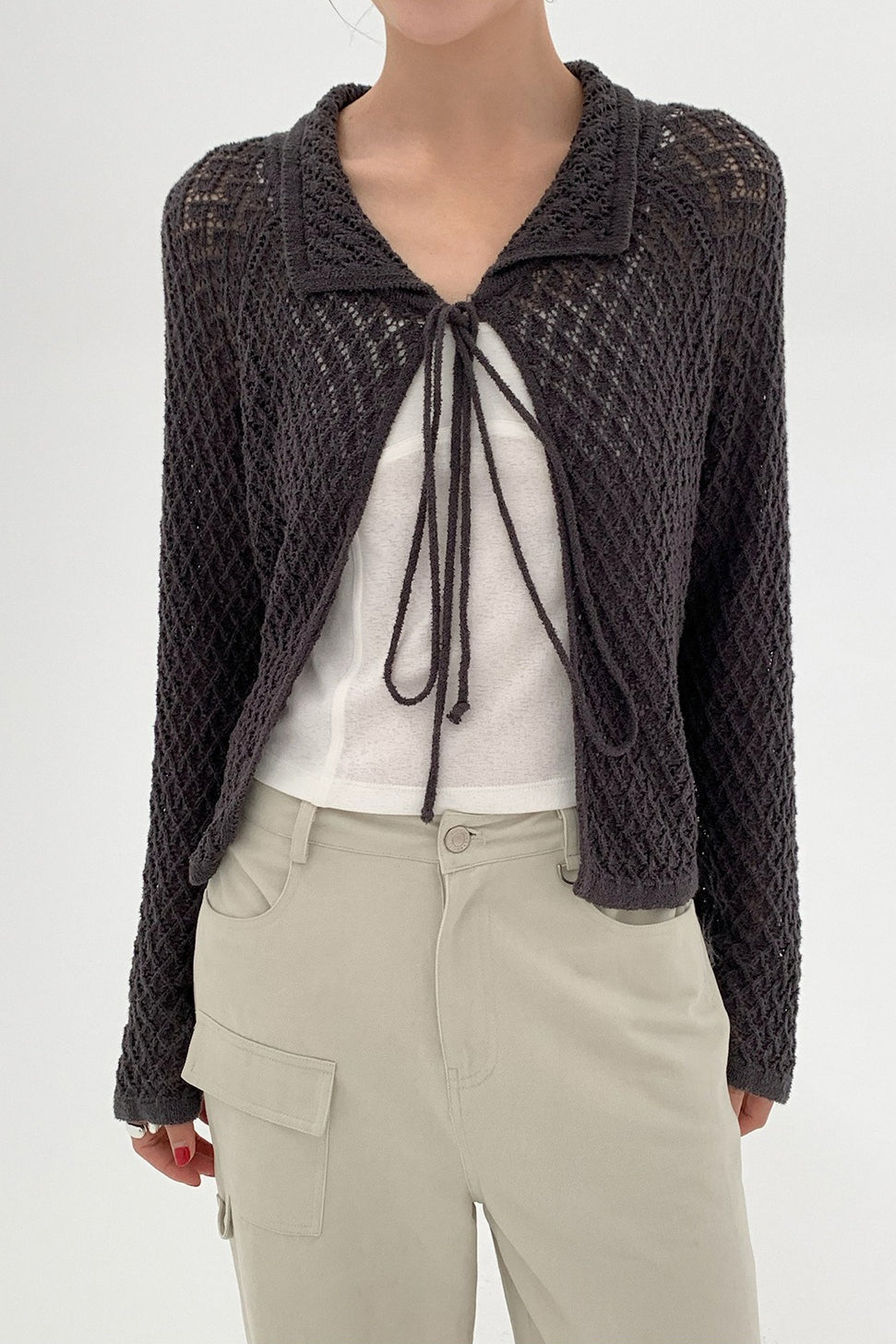 Hollow-Out Collared Tie-Waist Long-Sleeve Short Knit Cardigan image 3