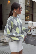 Argyle Knit Green Color Block Loose Crewneck Sweater image 1
