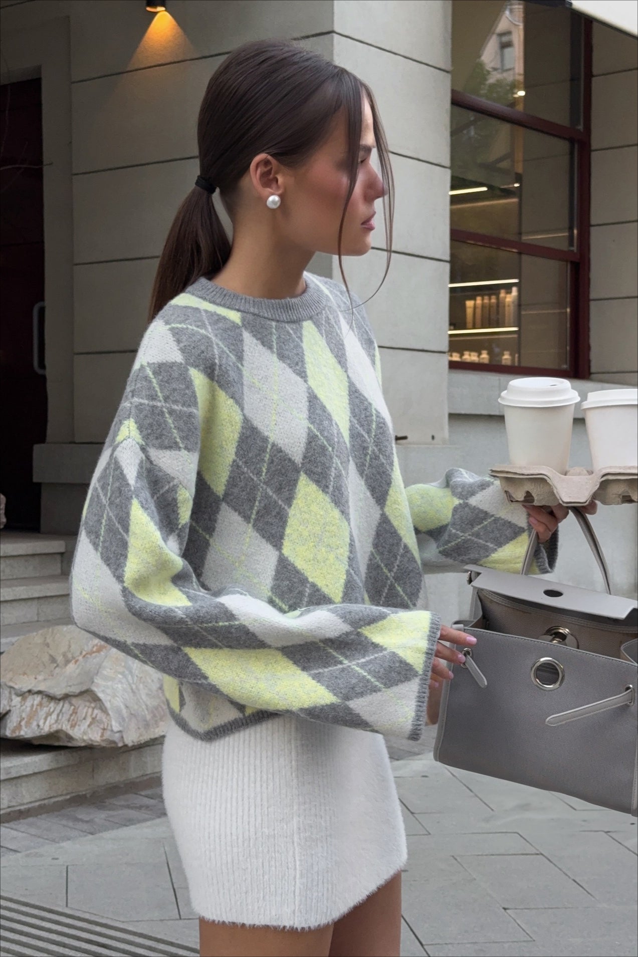 Argyle Knit Green Color Block Loose Crewneck Sweater image 1
