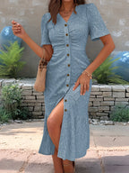 Selene Eyelet Midi Dress detail view styled for Avrienne