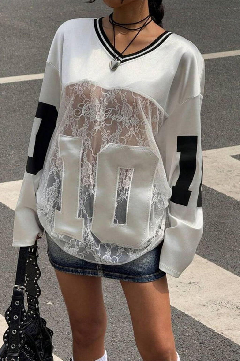 Lace Sheer V Neck Print Sweatshirt image 4