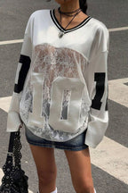 Lace Sheer V Neck Print Sweatshirt image 4