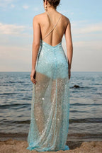 Solid Patchwork Sheer Backless Cami Sequin Maxi Dress image 6
