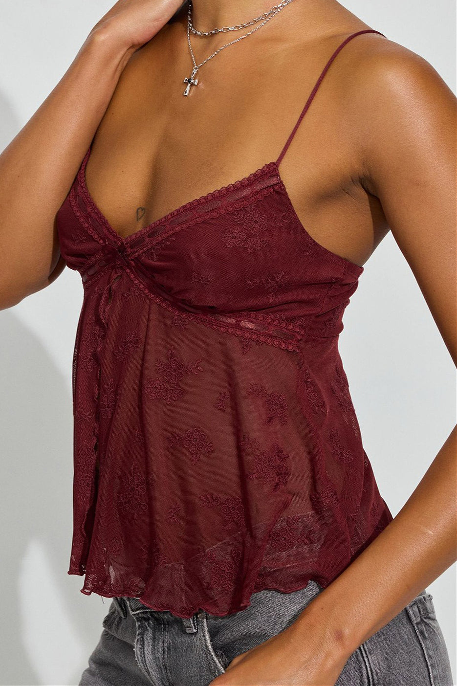 Sheer Jacquard Mesh Slit Cami Top image 10