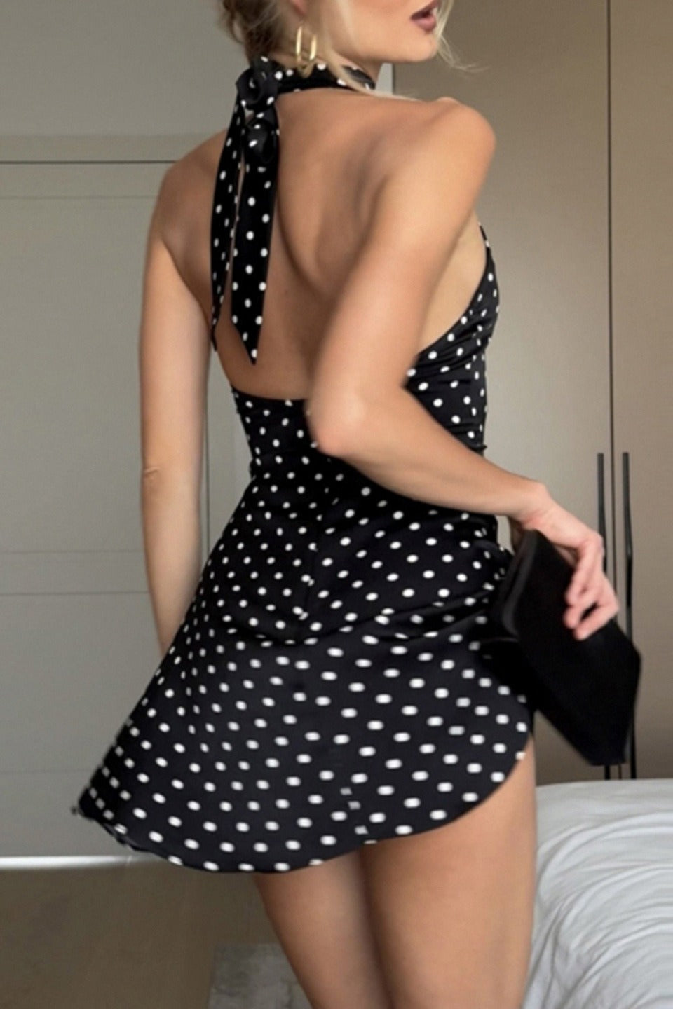 Polka Dot Halter Backless Bodycon Mini Dress image 3