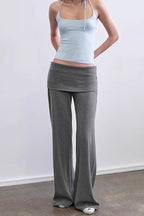 Solid Knit Foldover Waist Flowy Pants image 4