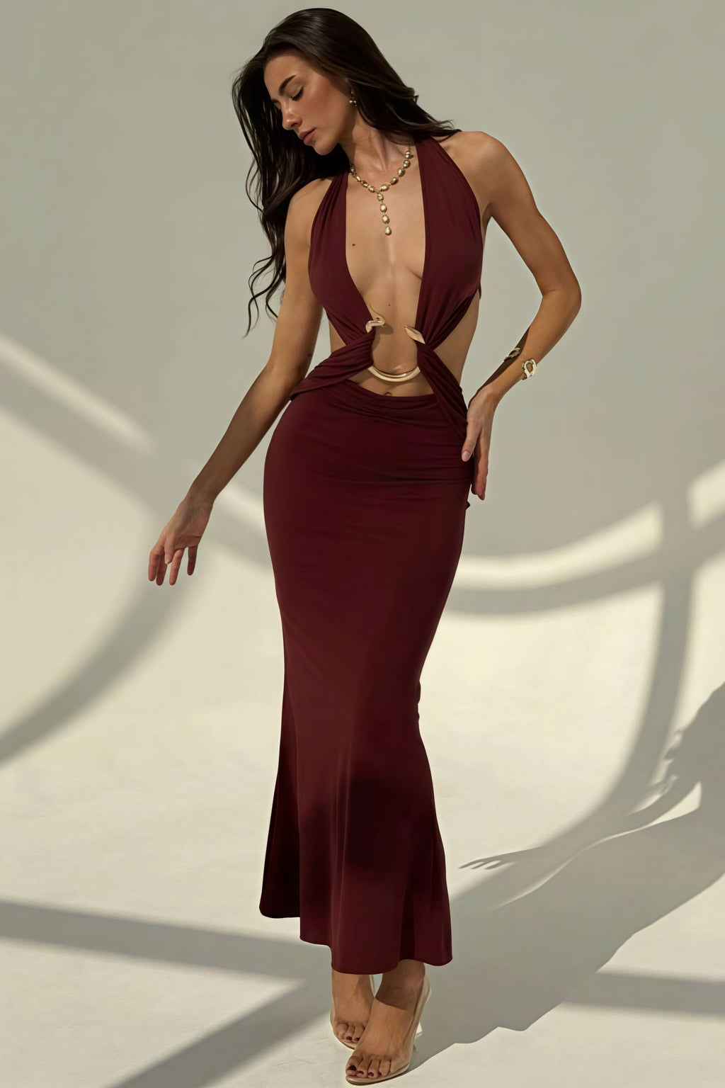Sexy Halter Deep V Neck Backless Metal Maxi Dress image 2