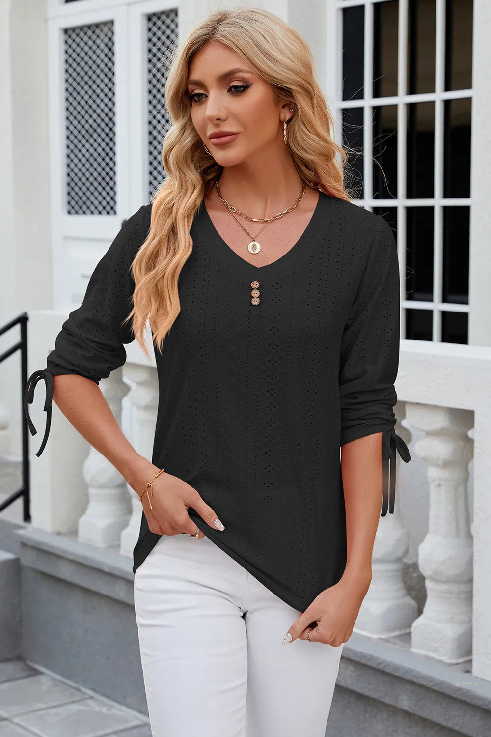 Petra Eyelet Top detail view styled for Avrienne
