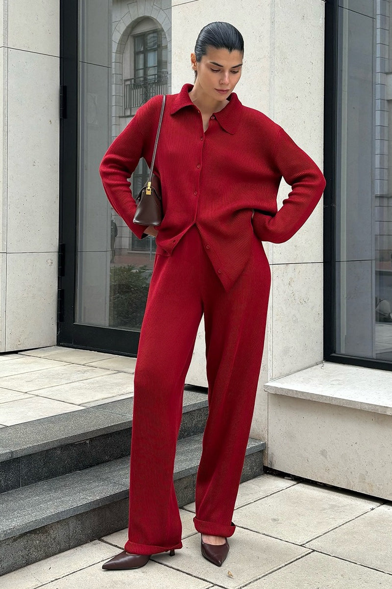 Knit Ribbed Collar Long Sleeve Loose Two Piece Set image 7