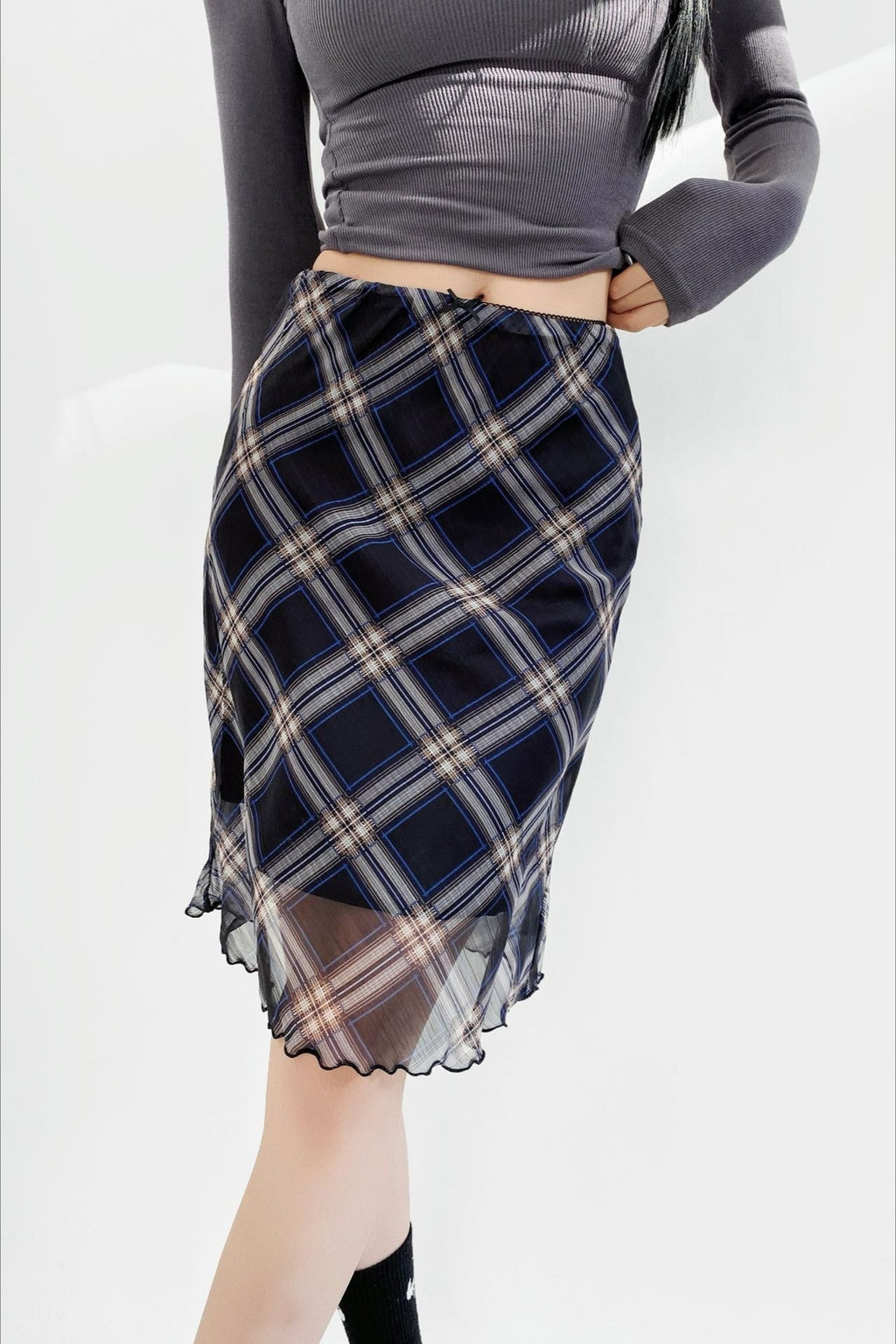 High Waist Contrast Plaid Bodycon Skirt image 2
