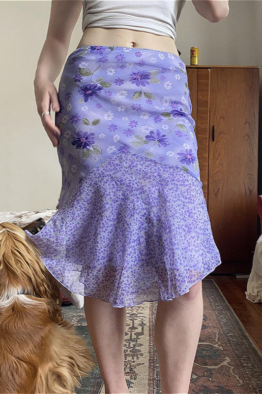 Floral Purple Patchwork Asymmetrical Tulle High Waist Skirt image 3