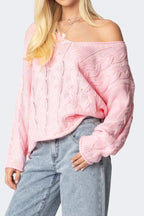 Solid Color V-Neck Cable-Knit Loose Sweater image 4