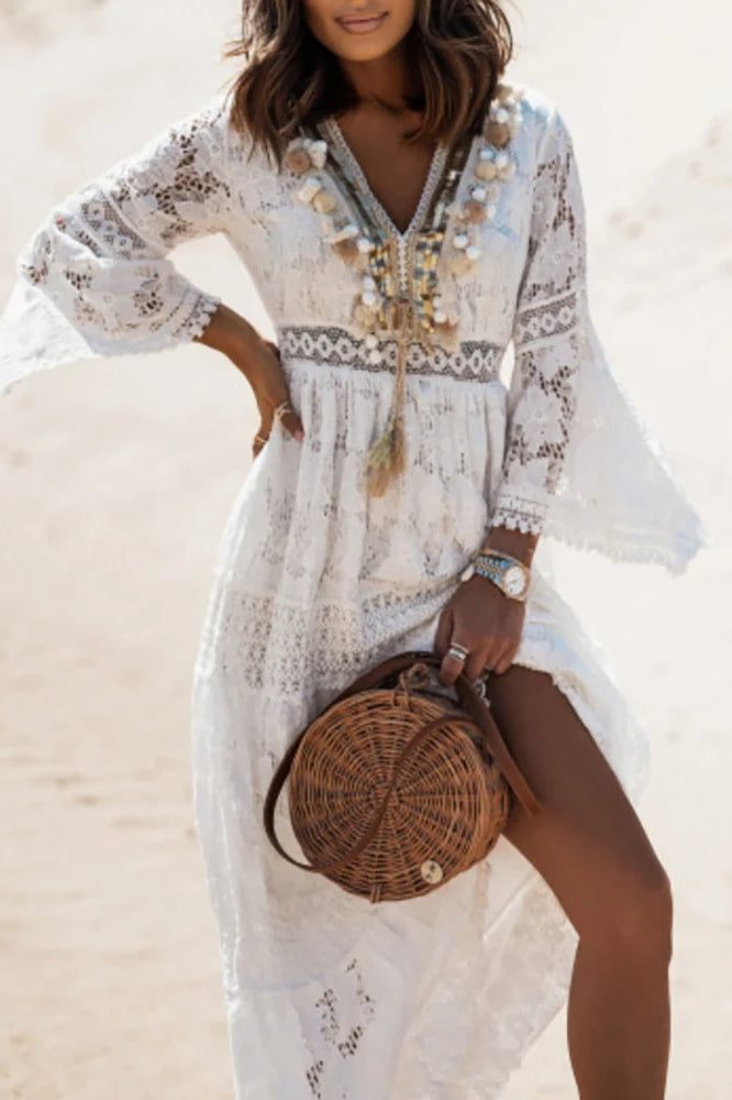 Lace V Neck Hollow Boho Dress image 4