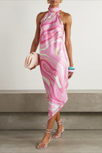 Sexy Floral Satin Backless Halter Midi Dress image 1