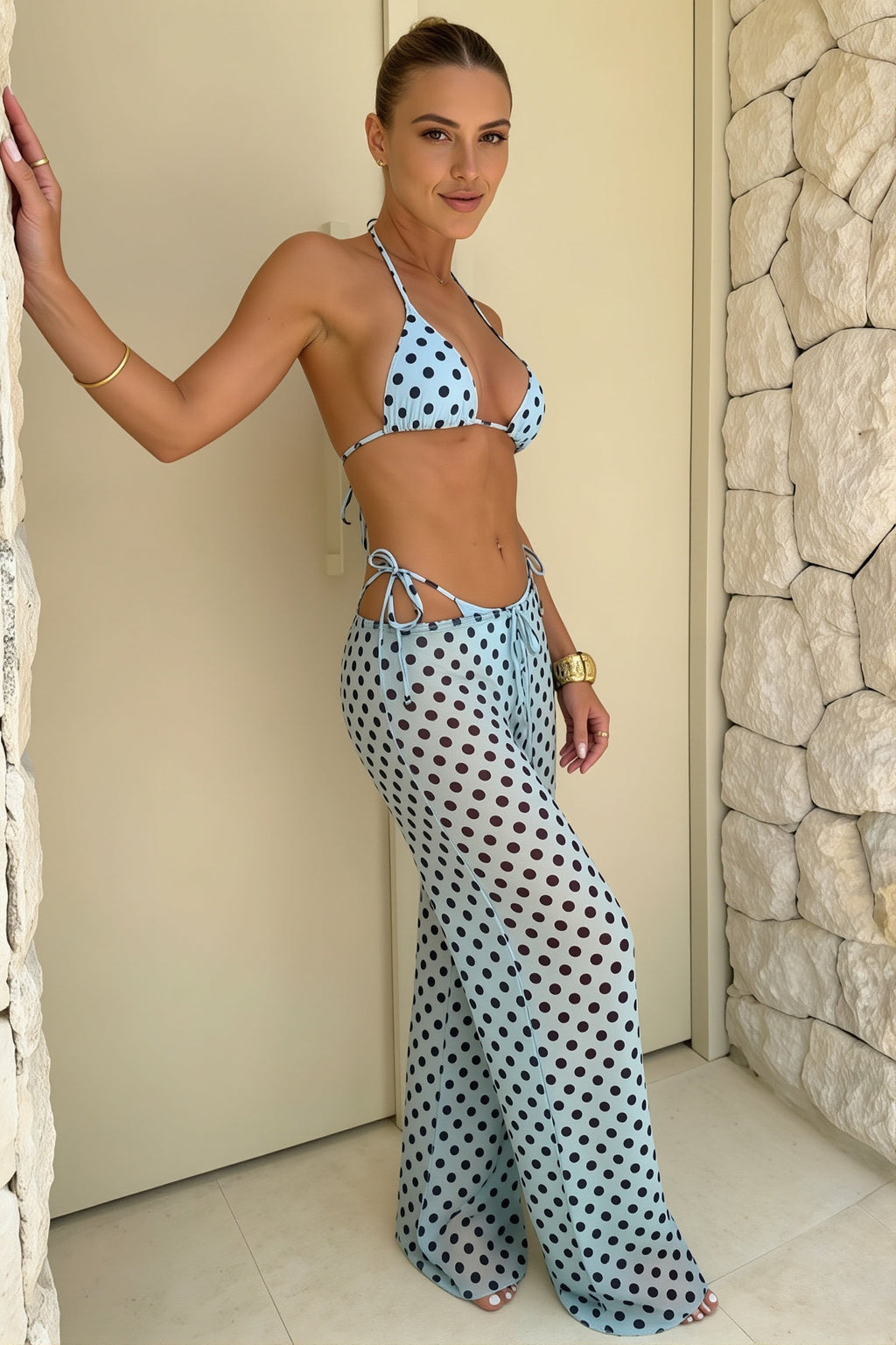 Polka Dot Tie Side Bikini With Pants Three Piece Swim Sets image 2