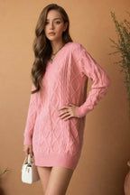 V-Neck Solid Cable-Knit Sweater Mini Dress image 1