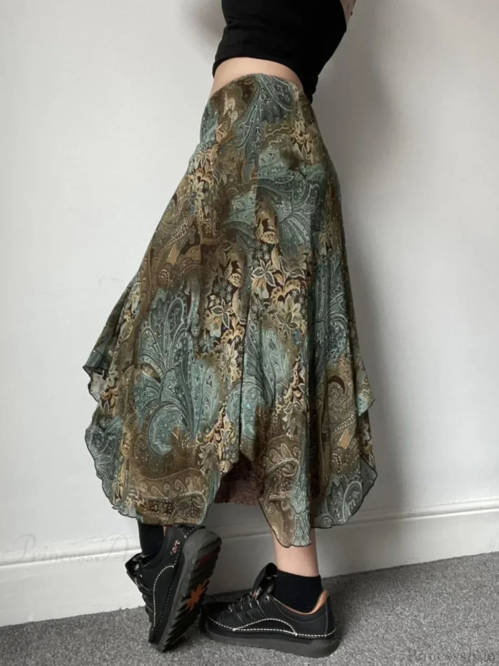 Aesthetic Floral Print Asymmetrical Boho Vacation Lace Skirt image 3