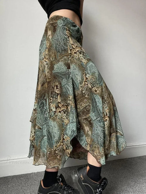 Aesthetic Floral Print Asymmetrical Boho Vacation Lace Skirt image 2