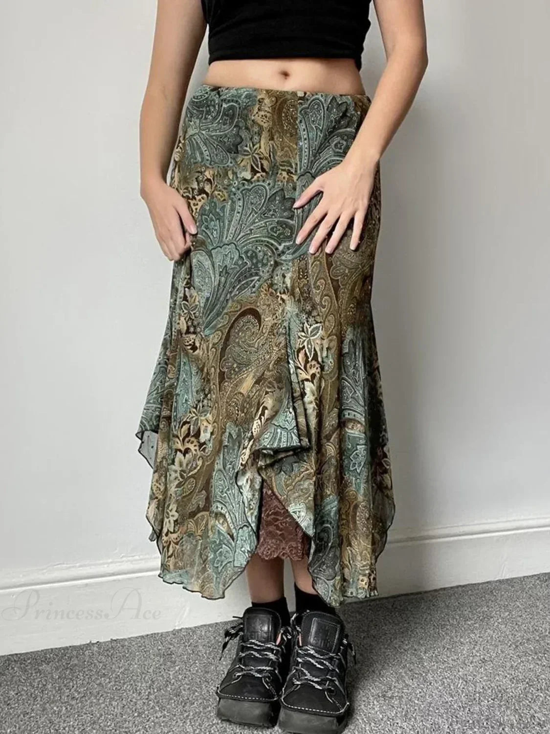 Aesthetic Floral Print Asymmetrical Boho Vacation Lace Skirt image 1