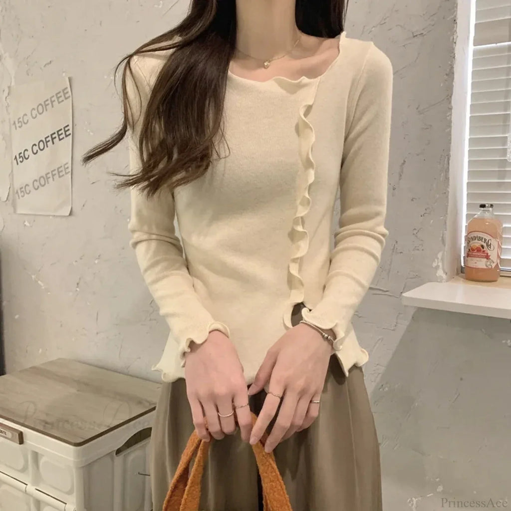 Aesthetic Irregular Ruffles Knit Crop Solid Long Sleeve Knit Top image 5
