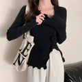 Aesthetic Irregular Ruffles Knit Crop Solid Long Sleeve Knit Top image 4