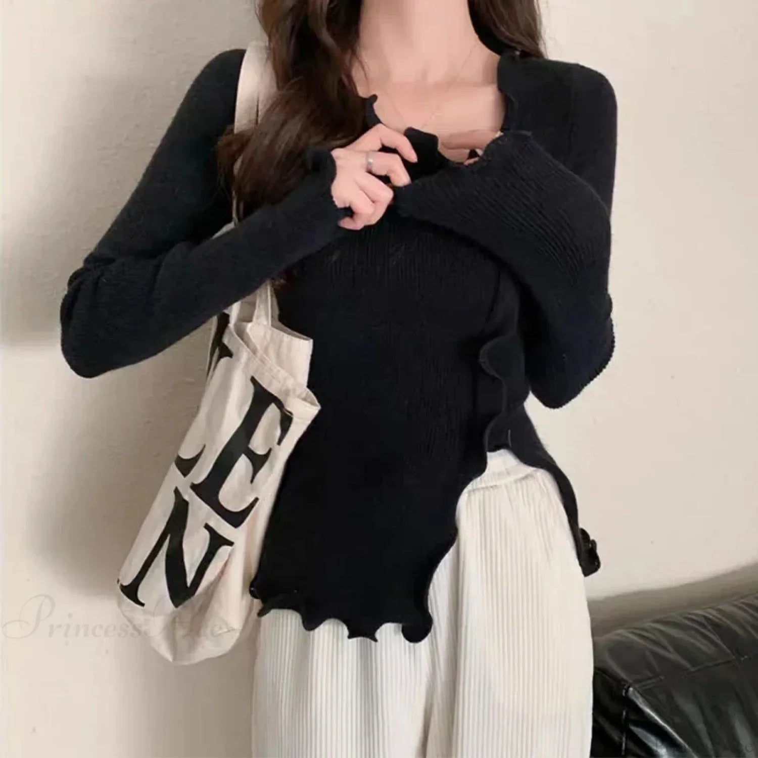 Aesthetic Irregular Ruffles Knit Crop Solid Long Sleeve Knit Top image 4