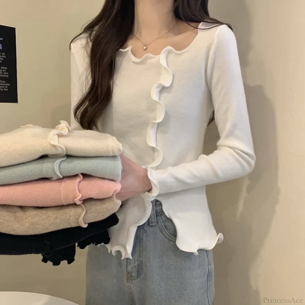 Aesthetic Irregular Ruffles Knit Crop Solid Long Sleeve Knit Top image 2