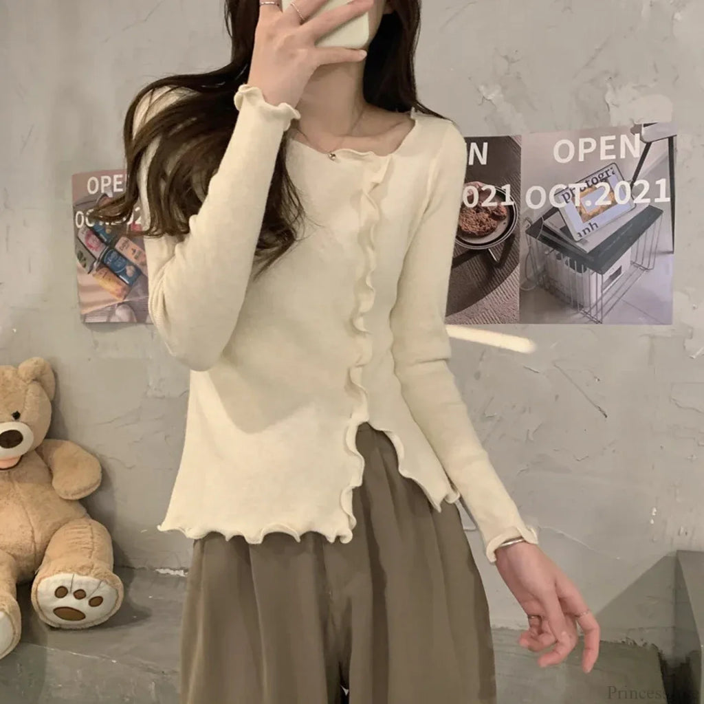 Aesthetic Irregular Ruffles Knit Crop Solid Long Sleeve Knit Top image 6