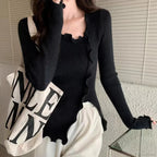 Aesthetic Irregular Ruffles Knit Crop Solid Long Sleeve Knit Top image 3