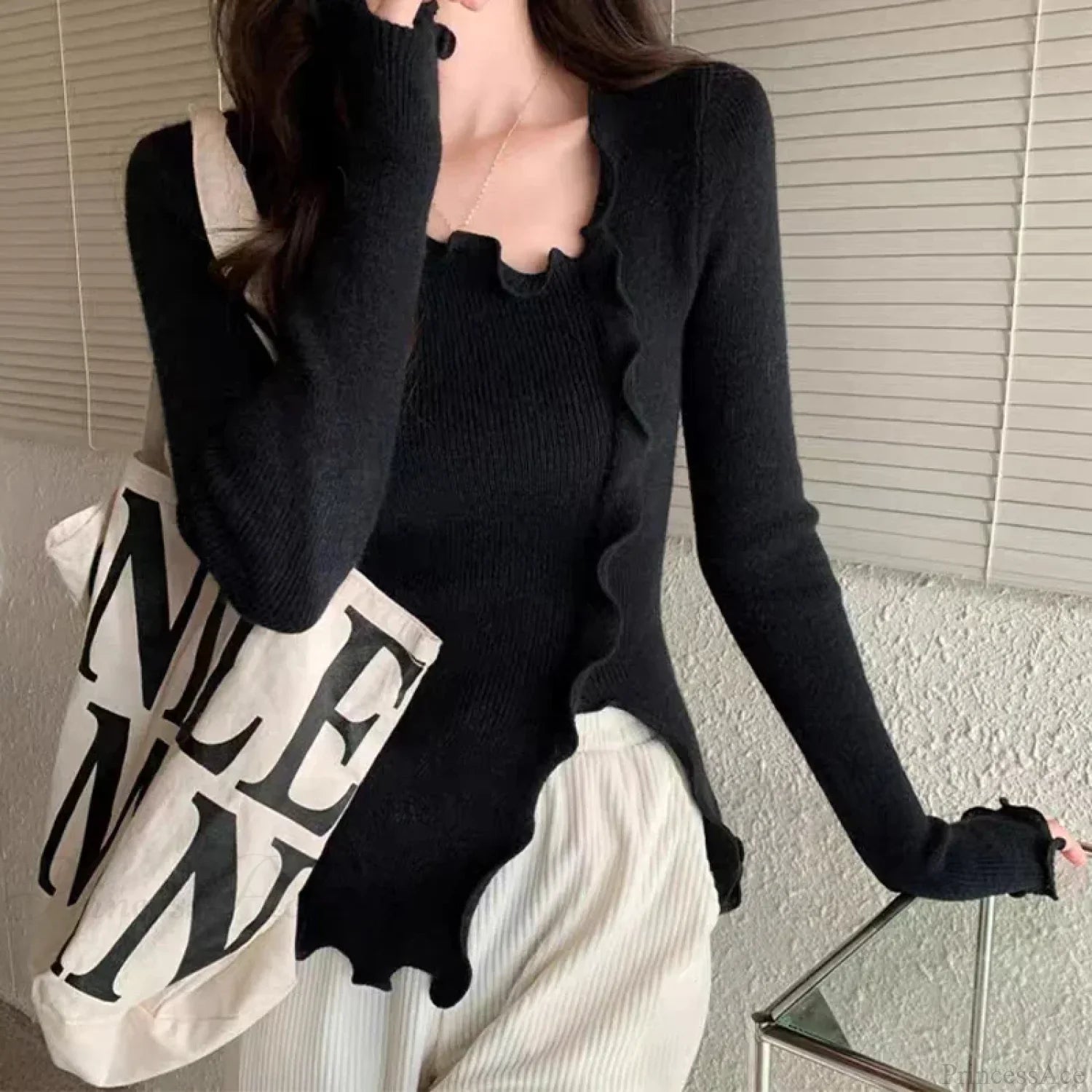 Aesthetic Irregular Ruffles Knit Crop Solid Long Sleeve Knit Top image 3