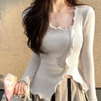 Aesthetic Irregular Ruffles Knit Crop Solid Long Sleeve Knit Top image 1