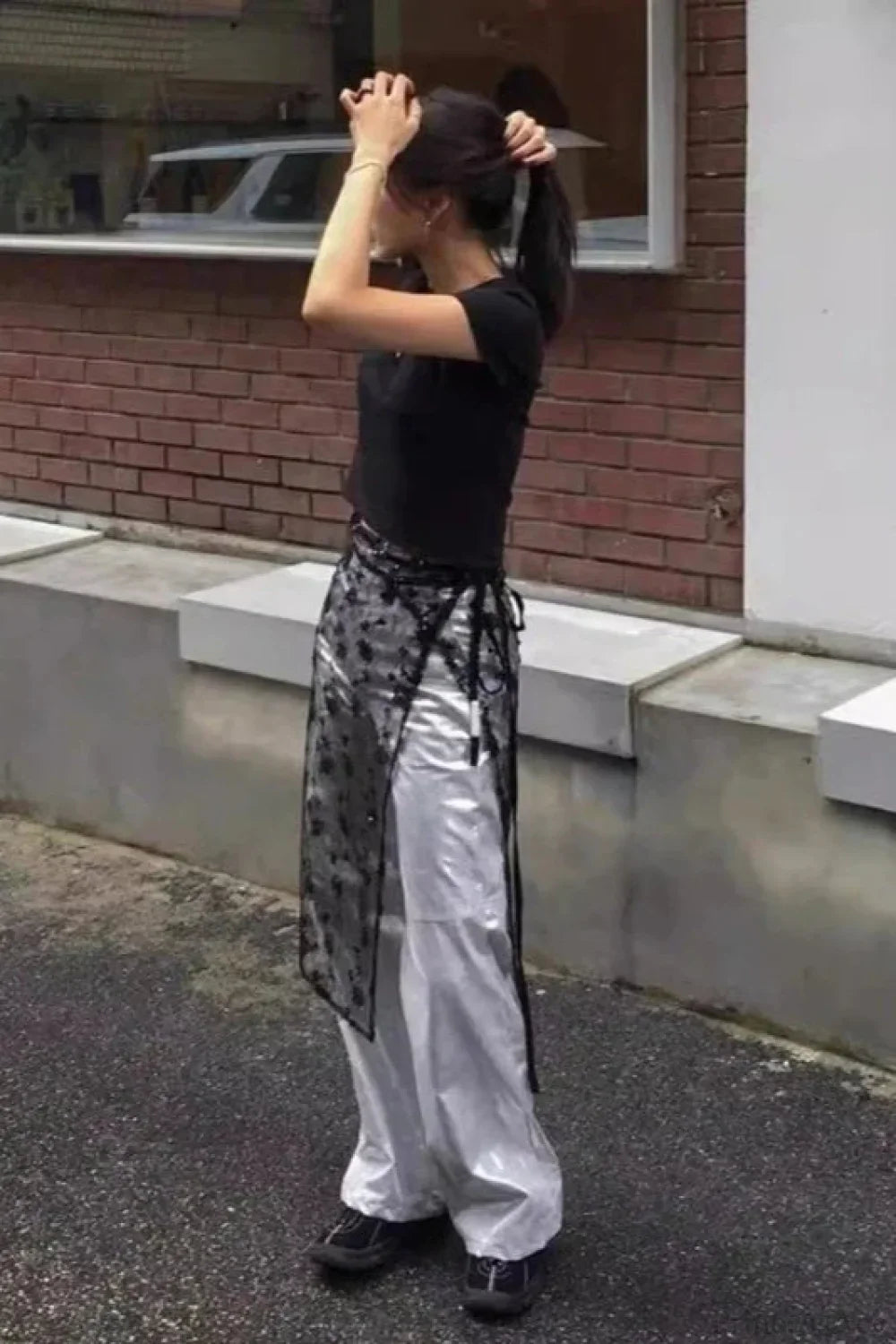 Aesthetic See Through Sequins Flower Lace Long Apron Skirt image 2