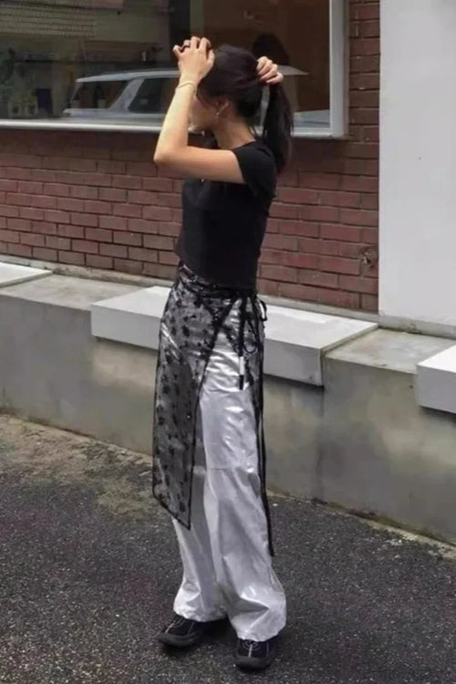 Aesthetic See Through Sequins Flower Lace Long Apron Skirt image 2