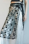 Aesthetic See Through Sequins Flower Lace Long Apron Skirt image 1