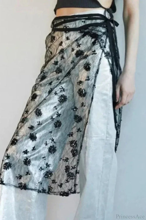 Aesthetic See Through Sequins Flower Lace Long Apron Skirt image 1