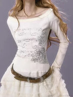 Aesthetic Slim Fit All Match Grunge Lace Patch Knit Top image 5