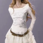 Aesthetic Slim Fit All Match Grunge Lace Patch Knit Top image 6