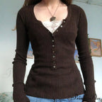Aesthetic Up Ribbed Lace Arm Patchwork Retro Tops Y2k Skinny Casual Grunge Button Long Fairy Women T-shirt Blouse image 3