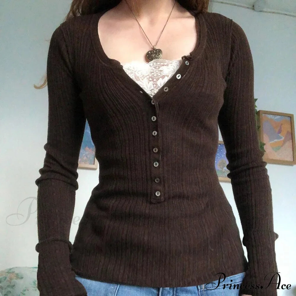 Aesthetic Up Ribbed Lace Arm Patchwork Retro Tops Y2k Skinny Casual Grunge Button Long Fairy Women T-shirt Blouse image 3