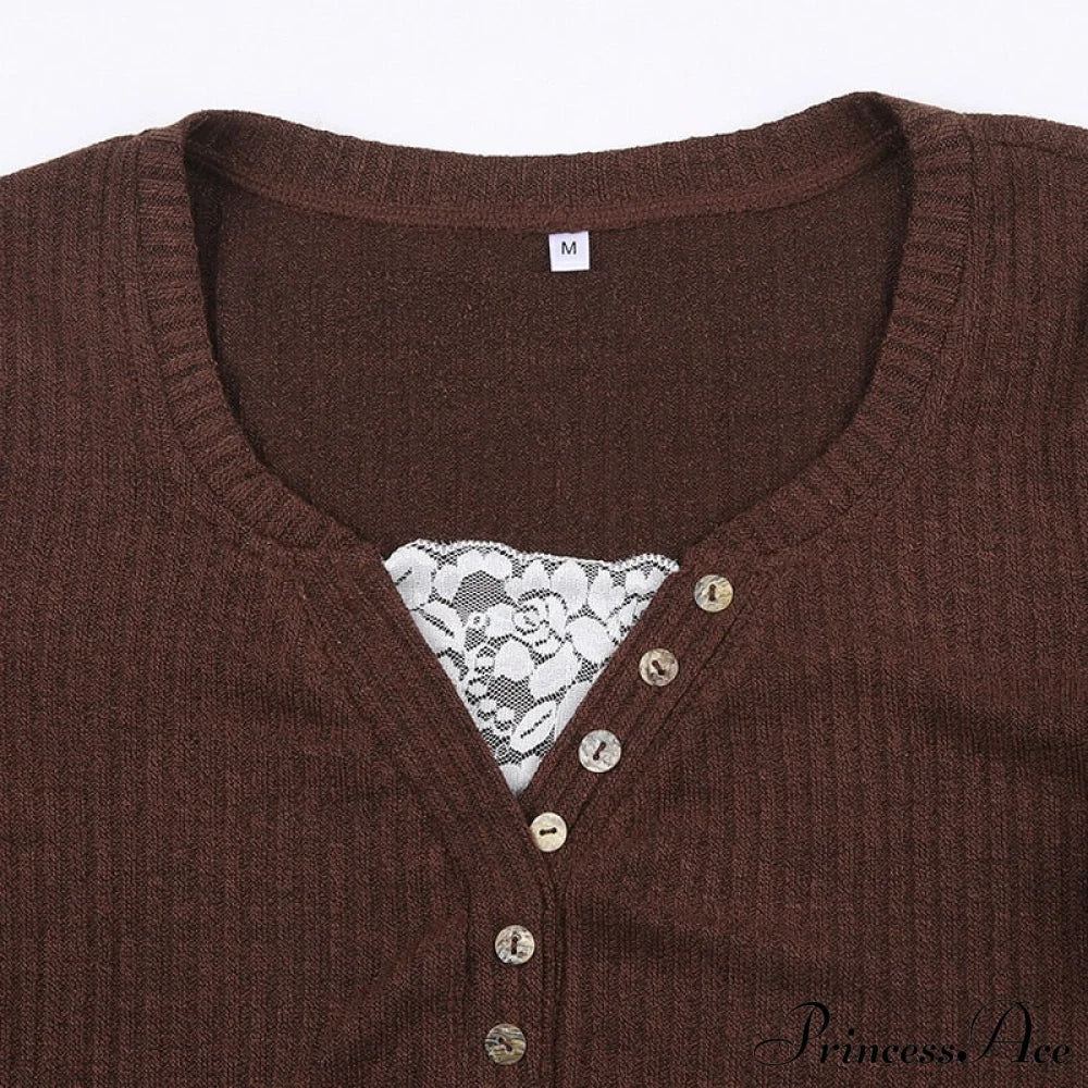 Aesthetic Up Ribbed Lace Arm Patchwork Retro Tops Y2k Skinny Casual Grunge Button Long Fairy Women T-shirt Blouse image 9