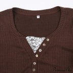 Aesthetic Up Ribbed Lace Arm Patchwork Retro Tops Y2k Skinny Casual Grunge Button Long Fairy Women T-shirt Blouse image 9