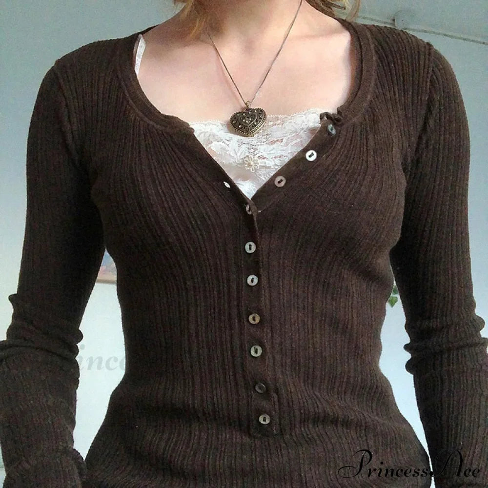 Aesthetic Up Ribbed Lace Arm Patchwork Retro Tops Y2k Skinny Casual Grunge Button Long Fairy Women T-shirt Blouse image 2