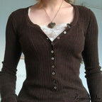Aesthetic Up Ribbed Lace Arm Patchwork Retro Tops Y2k Skinny Casual Grunge Button Long Fairy Women T-shirt Blouse image 2