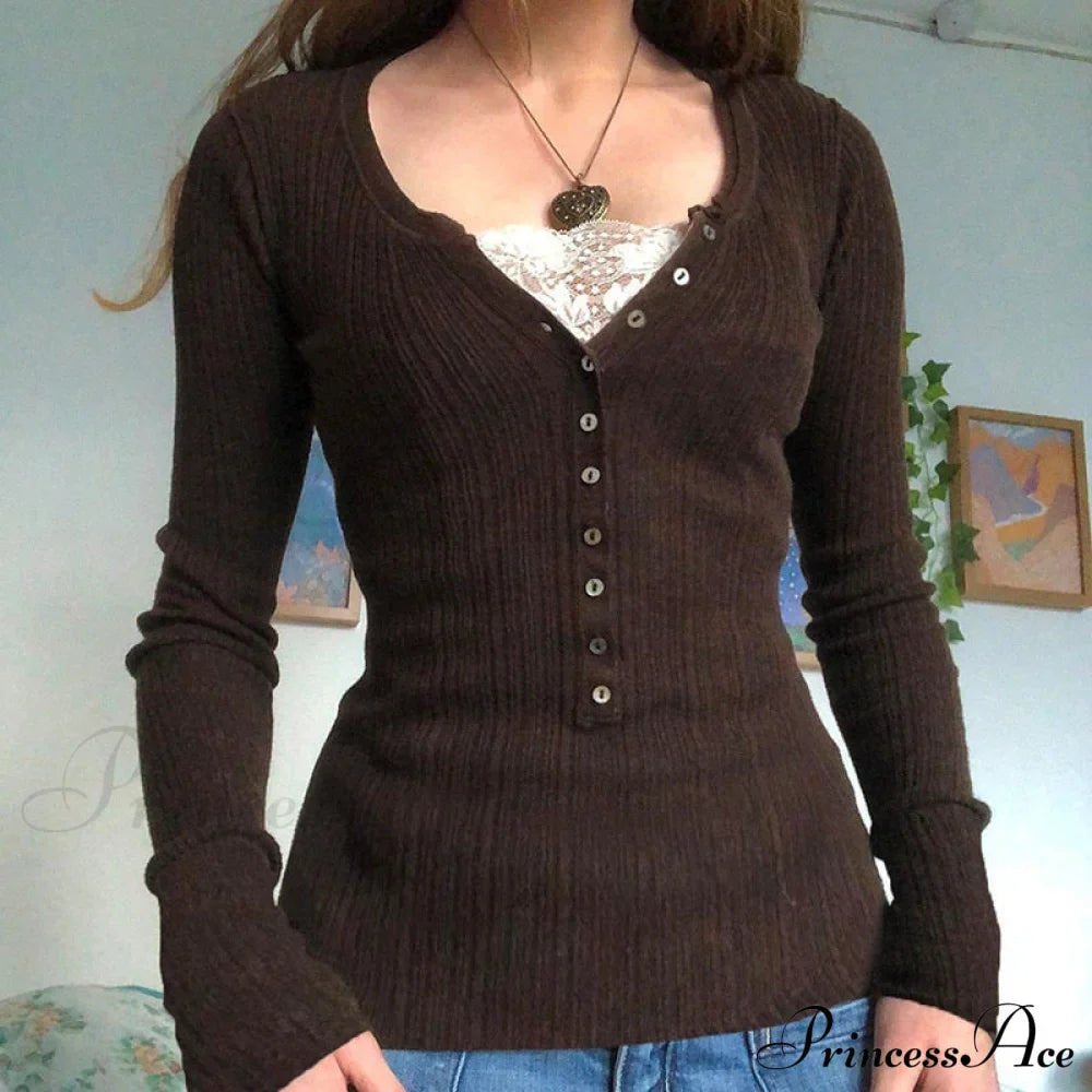 Aesthetic Up Ribbed Lace Arm Patchwork Retro Tops Y2k Skinny Casual Grunge Button Long Fairy Women T-shirt Blouse image 1