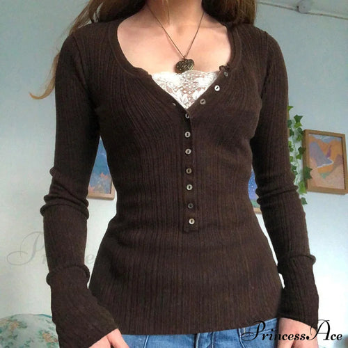 Aesthetic Up Ribbed Lace Arm Patchwork Retro Tops Y2k Skinny Casual Grunge Button Long Fairy Women T-shirt Blouse image 1