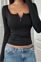 Lace Button Detail V-Neck Knit Top image 2