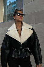Chic Odd Zip Leather Fur Pieced Coat image 12