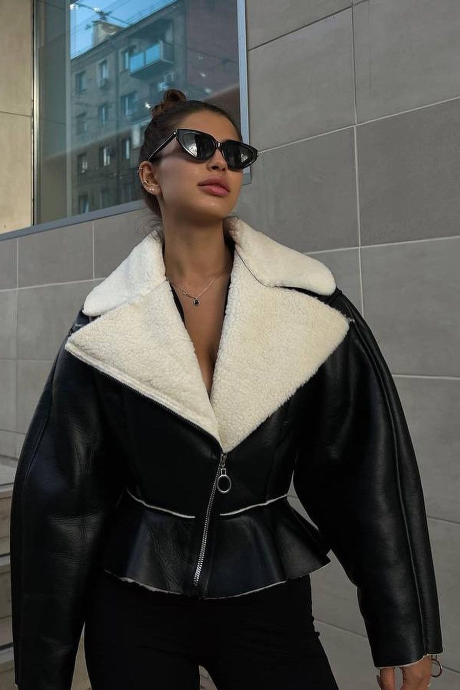 Chic Odd Zip Leather Fur Pieced Coat image 12