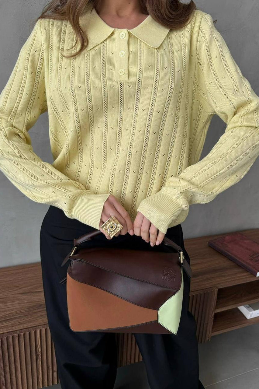 Jacquard Polo Collar Long Sleeve Loose Blouse image 22